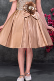 Gold Party Wear Frock With Sequin Bodice And 3D Floral Appliqué For Girls