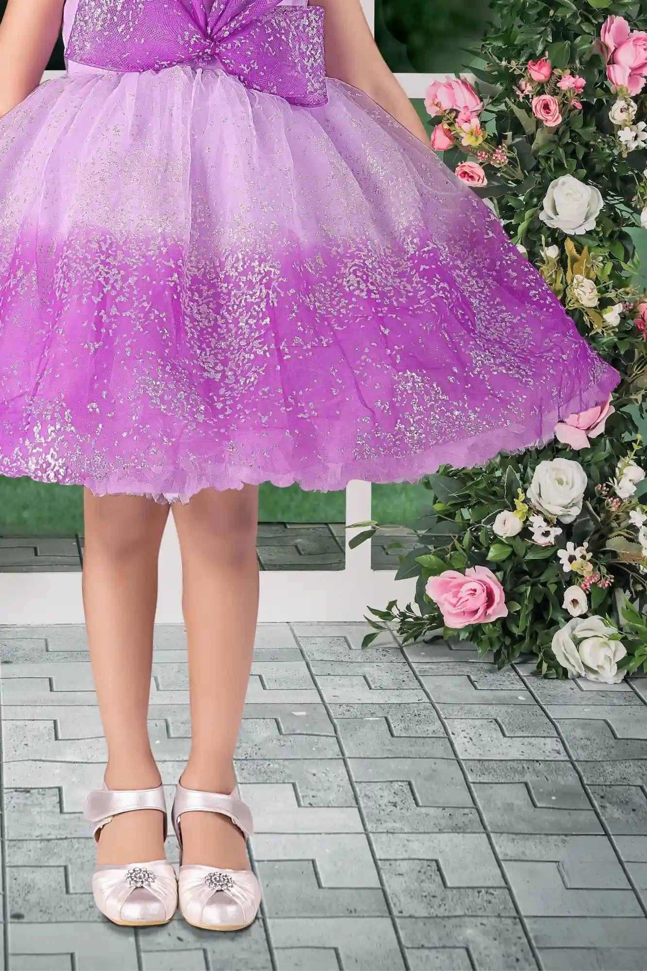 Shimmer Purple Ombre With Bow Embellishment Party Wear Frock for Girls
