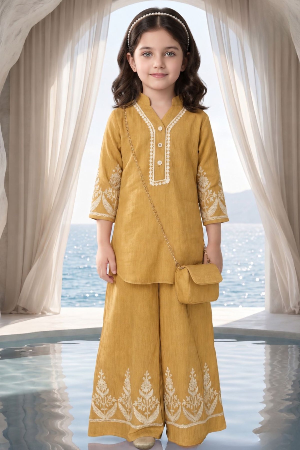 Mustard Floral Embroidered Co-ord Set For Girls