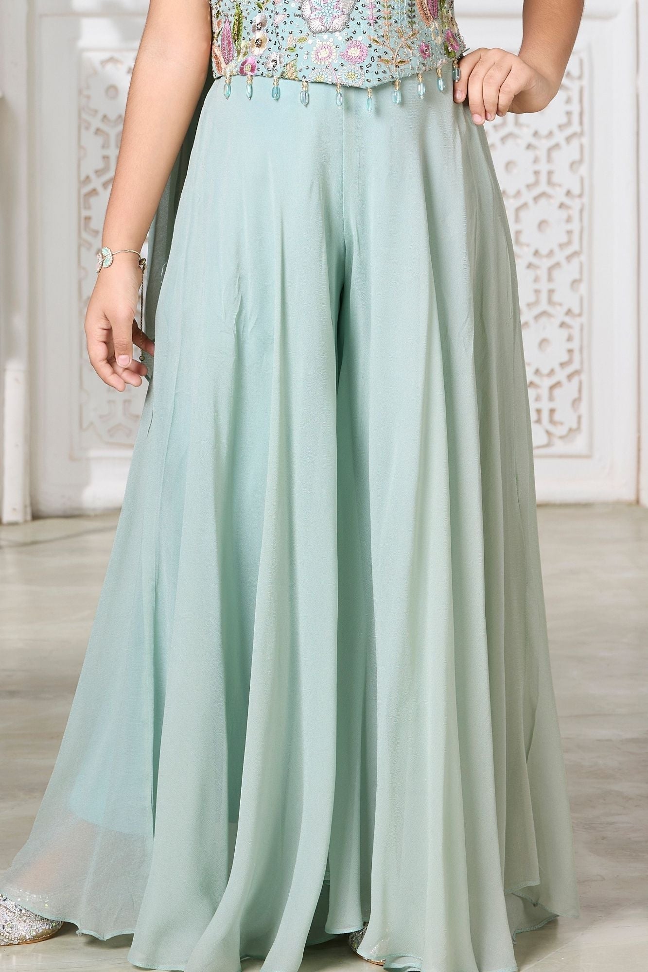 Girls Aqua Blue Sequin Embroidered Halter Neck Palazzo Set With Dupatta