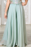 Girls Aqua Blue Sequin Embroidered Halter Neck Palazzo Set With Dupatta