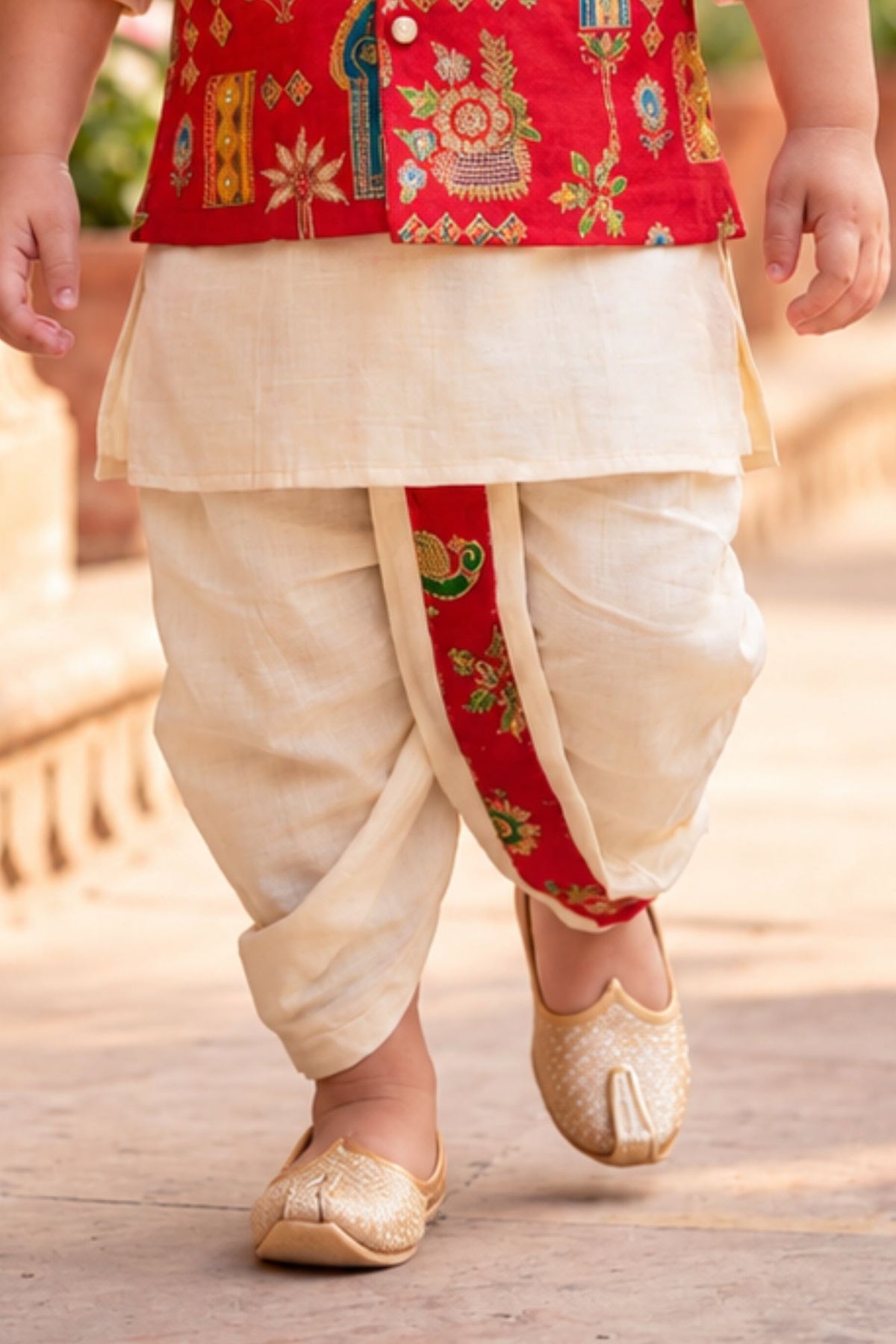 Boys Ivory And Red Printed Waistcoat Dhoti Kurta Set