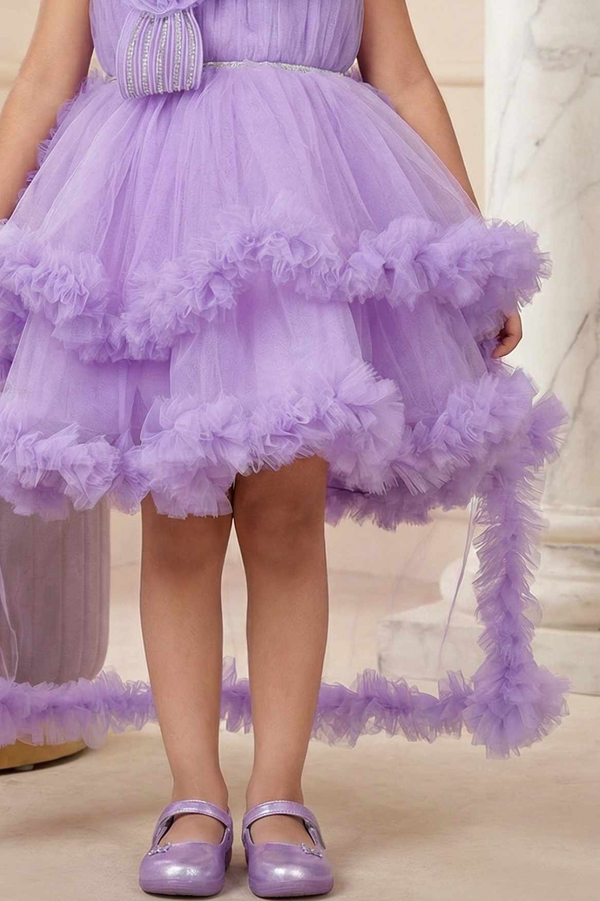Lavender Layered Ruffle Party Frock With Tailback For Girls