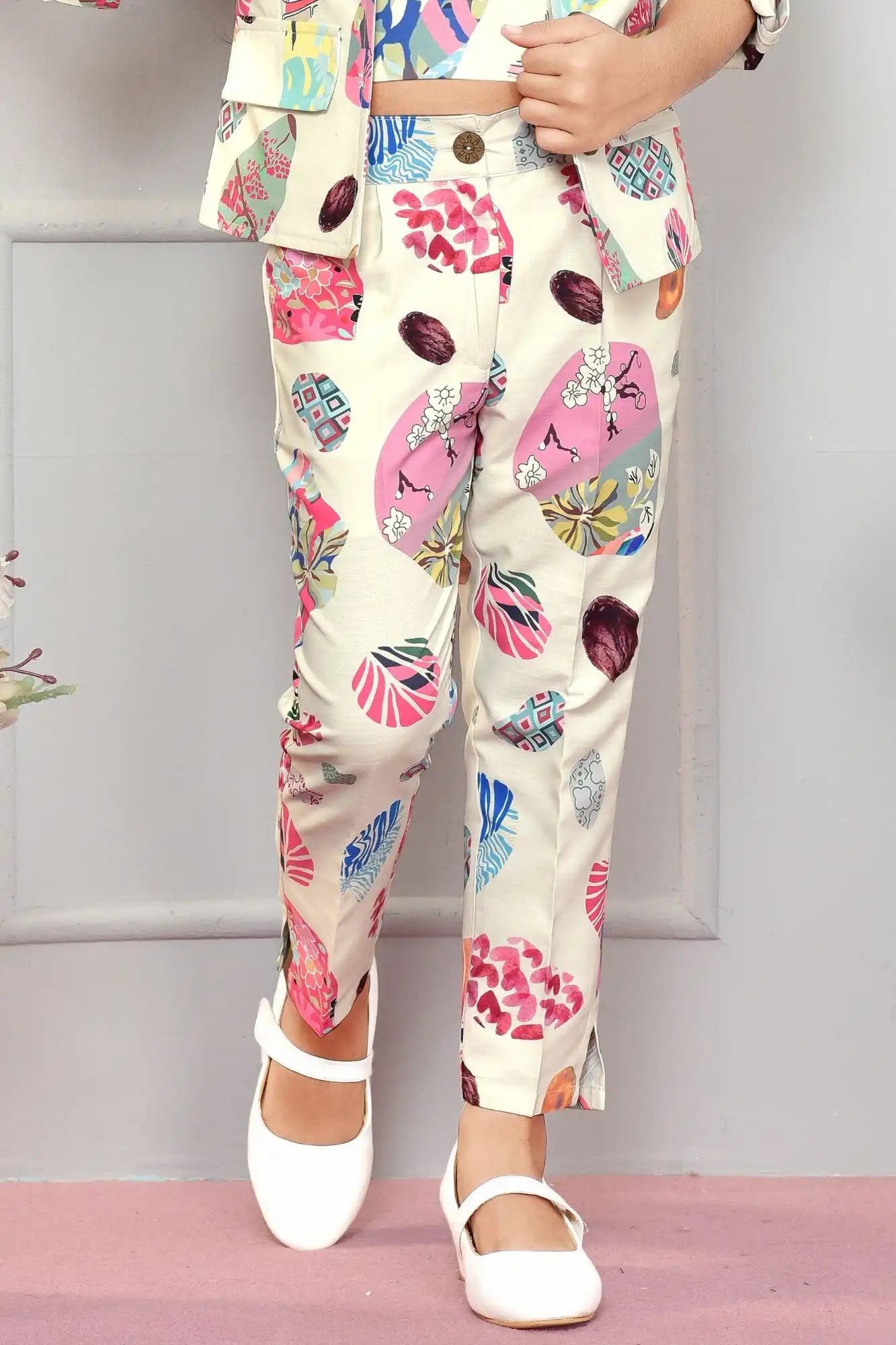Cream Co-Ord Set with Quirky All-Over Print and Blazer Style Jacket For Girls