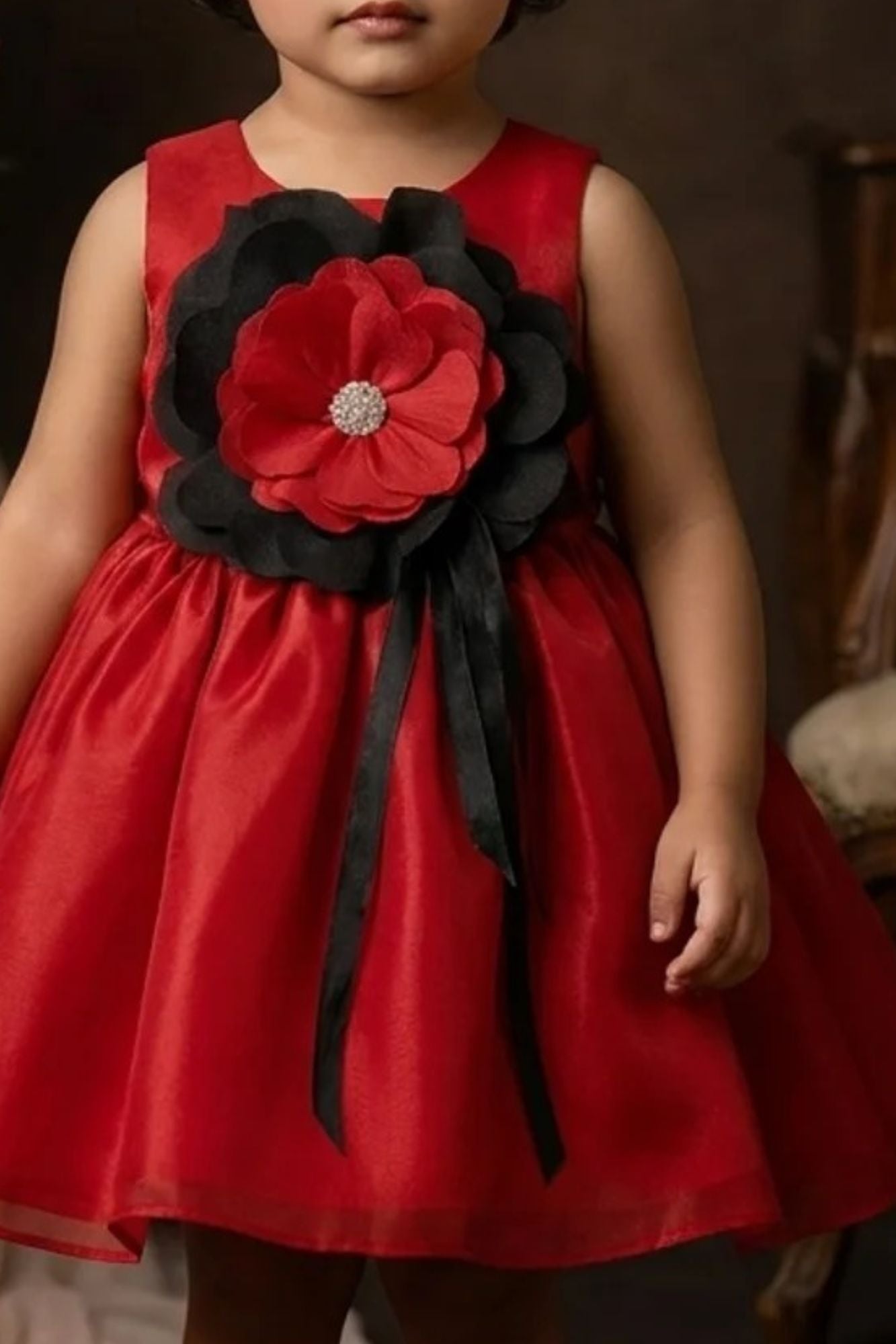 Girls Red  Party Frock With Black Floral Applique