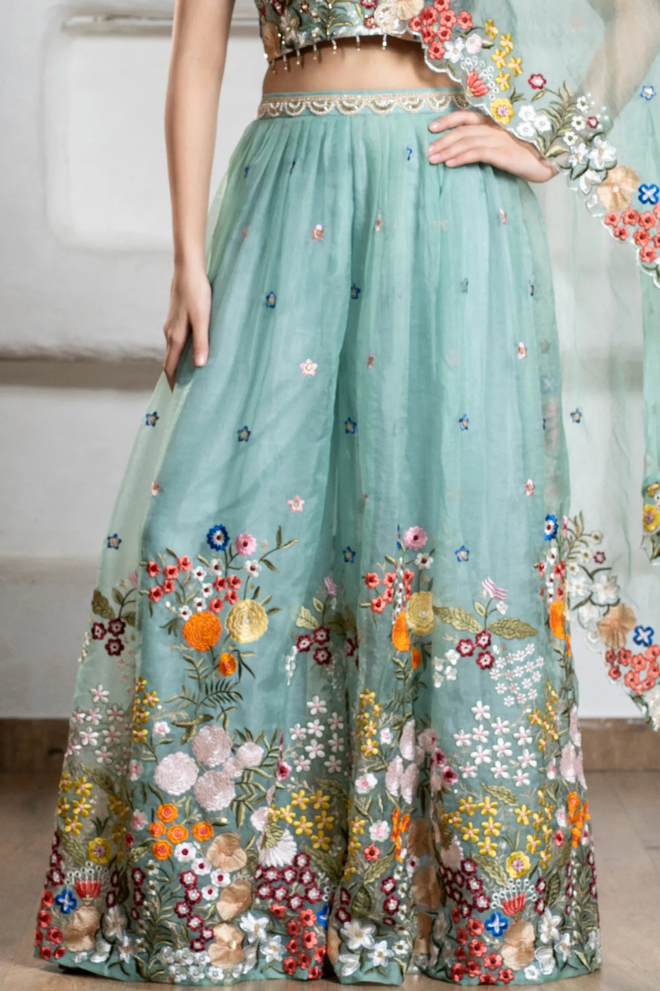 Elegant Sky Blue Embroidered Palazzo Set with Dupatta For Girls