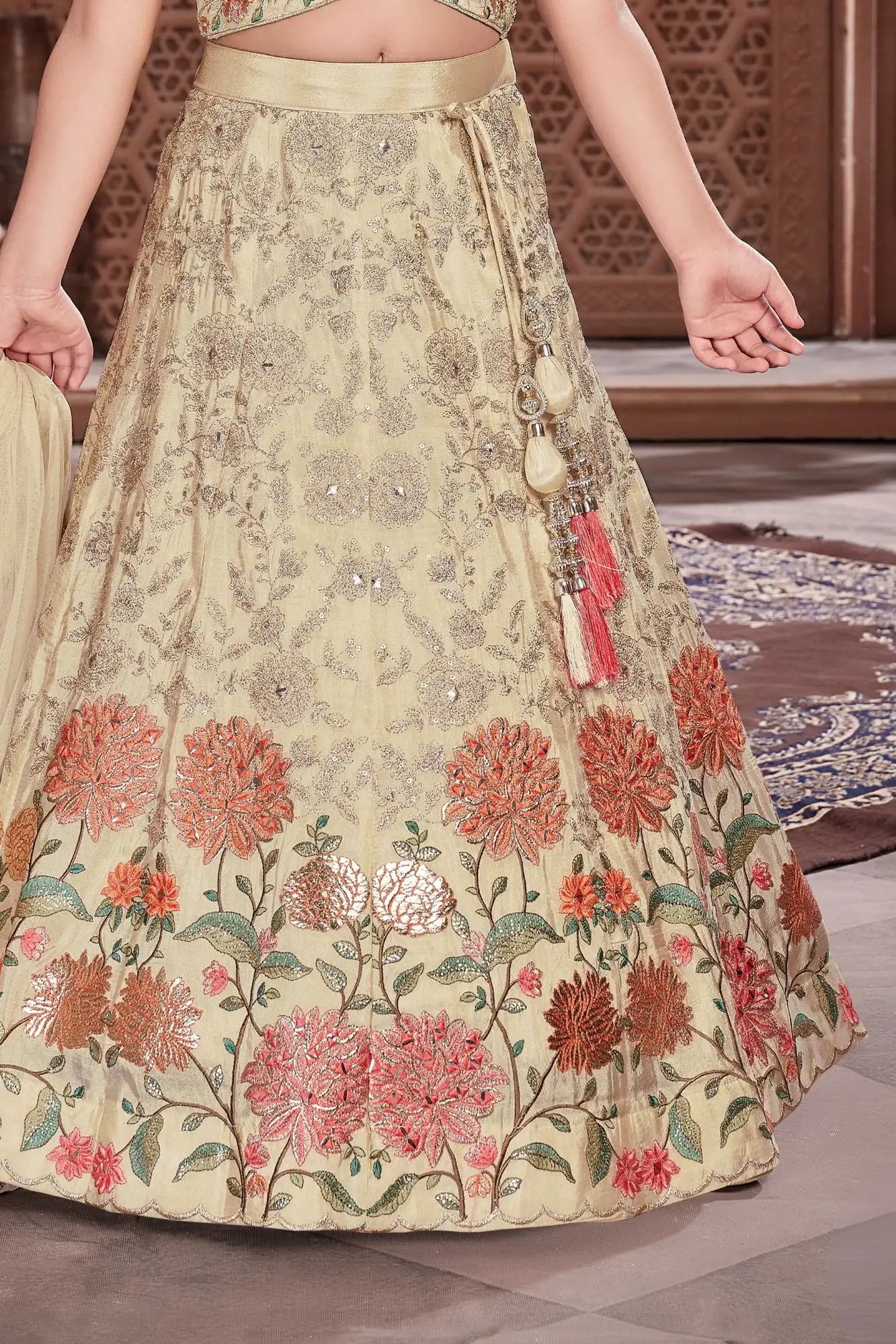 Cream Floral Embroidered Lehenga Choli Set with Dupatta For Girls