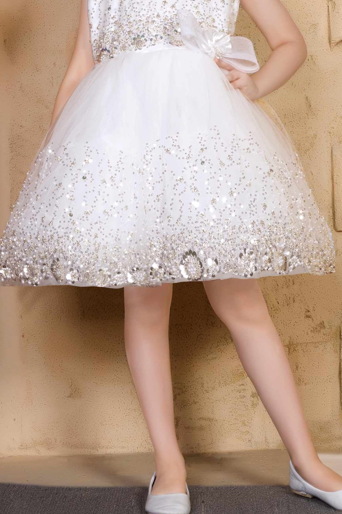 White Sequin Party Wear Frock With Bow For Girls