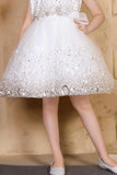 White Sequin Party Wear Frock With Bow For Girls