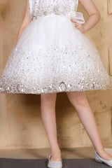 White Sequin Party Wear Frock With Bow For Girls