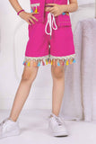 Bright Pink Overcoat With Top And Tassel Work Shorts Set For Girls