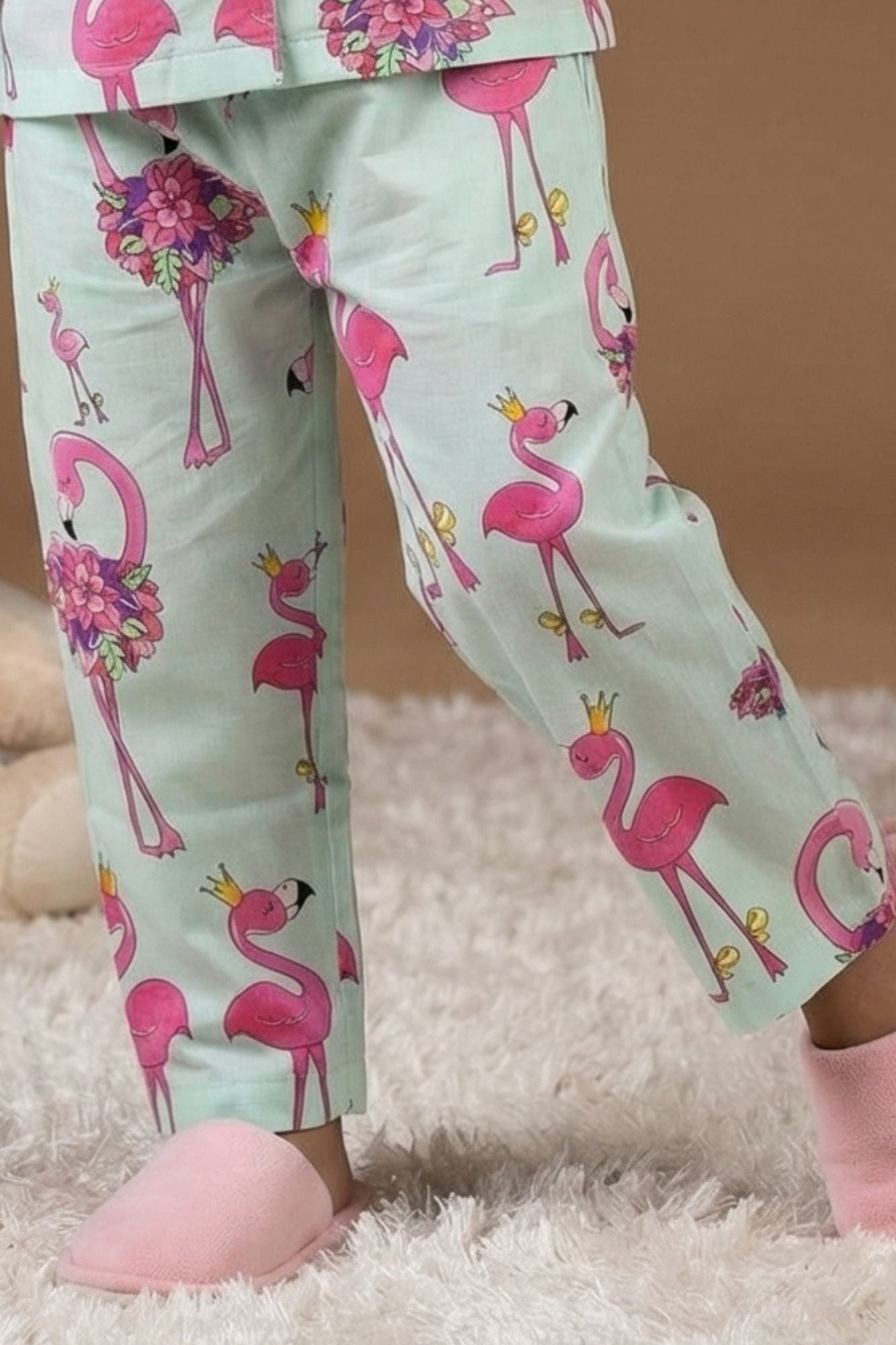 Mint Green Flamingo Print Cotton Night Suit Set For Girls