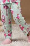 Mint Green Flamingo Print Cotton Night Suit Set For Girls