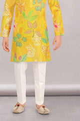 Yellow Full Sleeve And Floral Printed Kurta Set For Boys