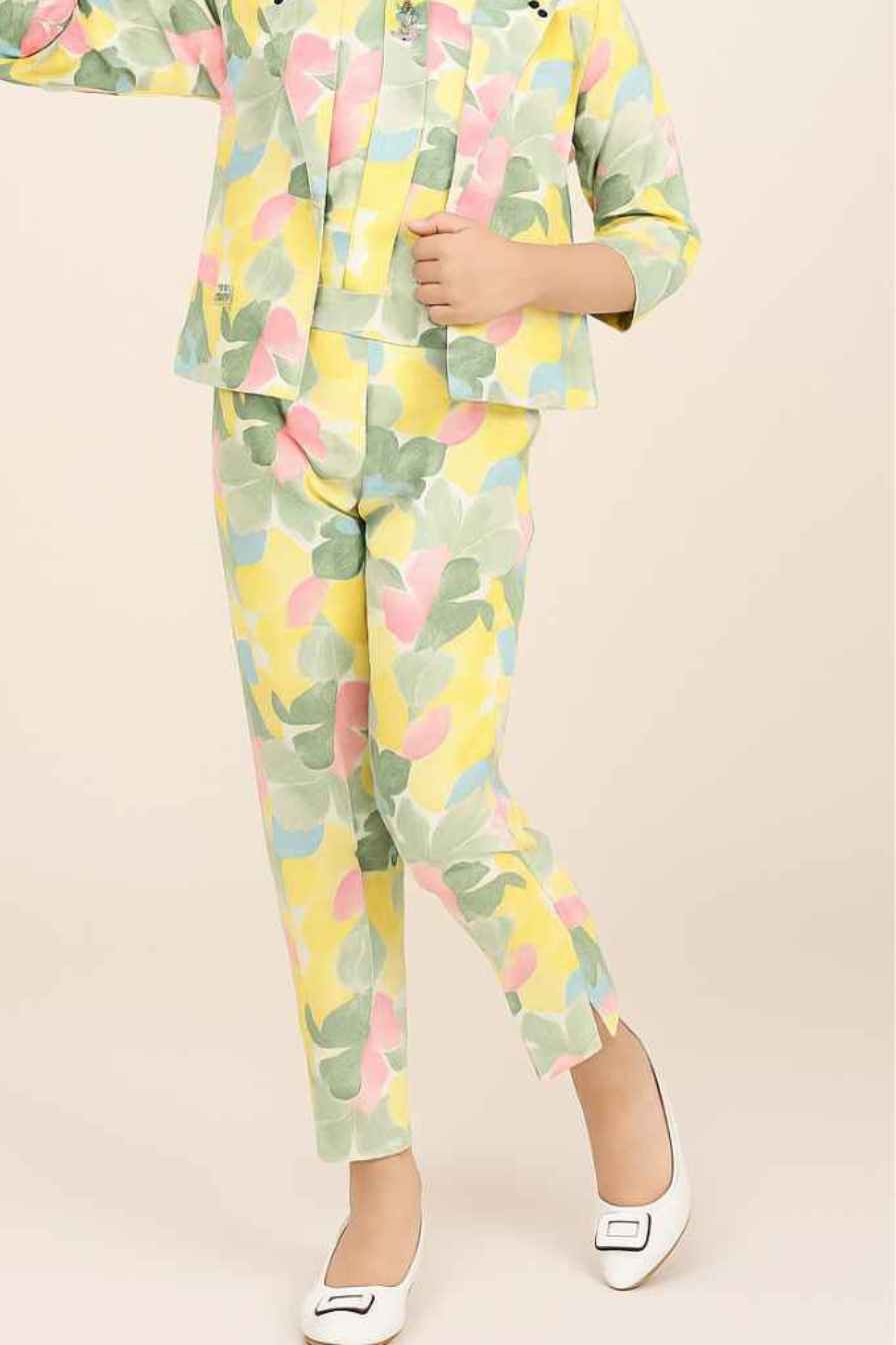 Trendy Multicolor Floral Printed Co Ord Set With Overcoat For Girls