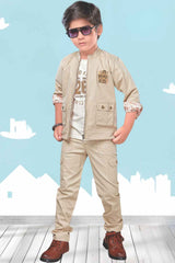 White Printed T Shirt With Fawn Pant And Reversible Jacket Set For Boys