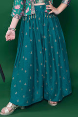 Peacock Green Zari Embroidered Palazzo Set With Overcoat  For Girls