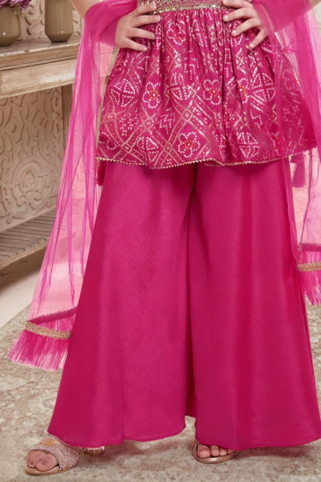Pink Embroidered Peplum Top Palazzo Set for Girls