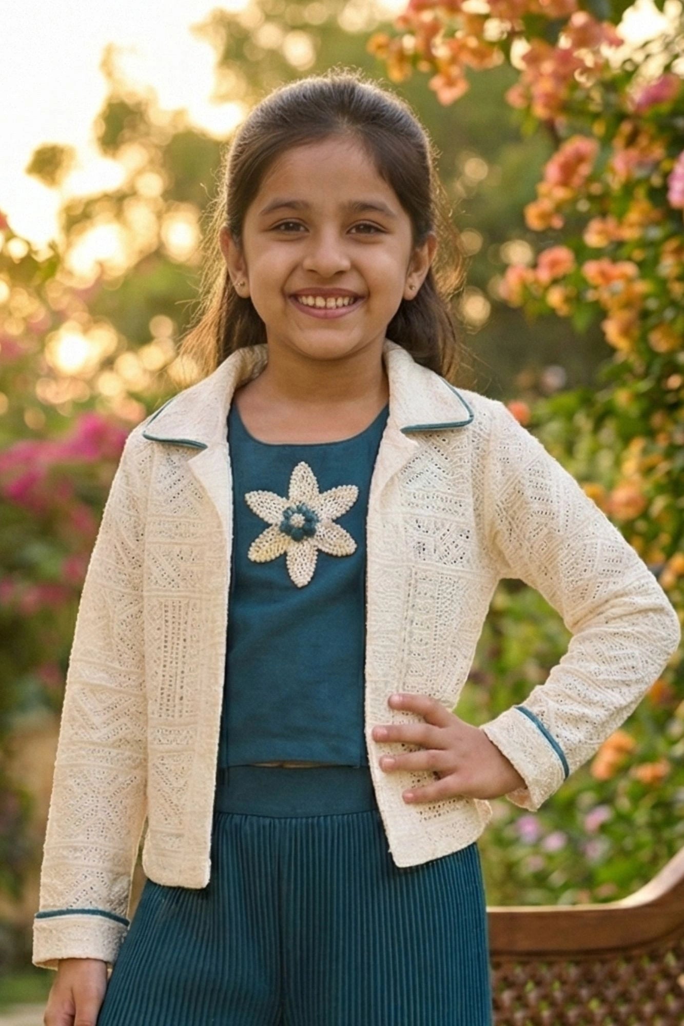 Teal Co-ord Set with Cream Lace Jacket & Floral Motif Top For Girls