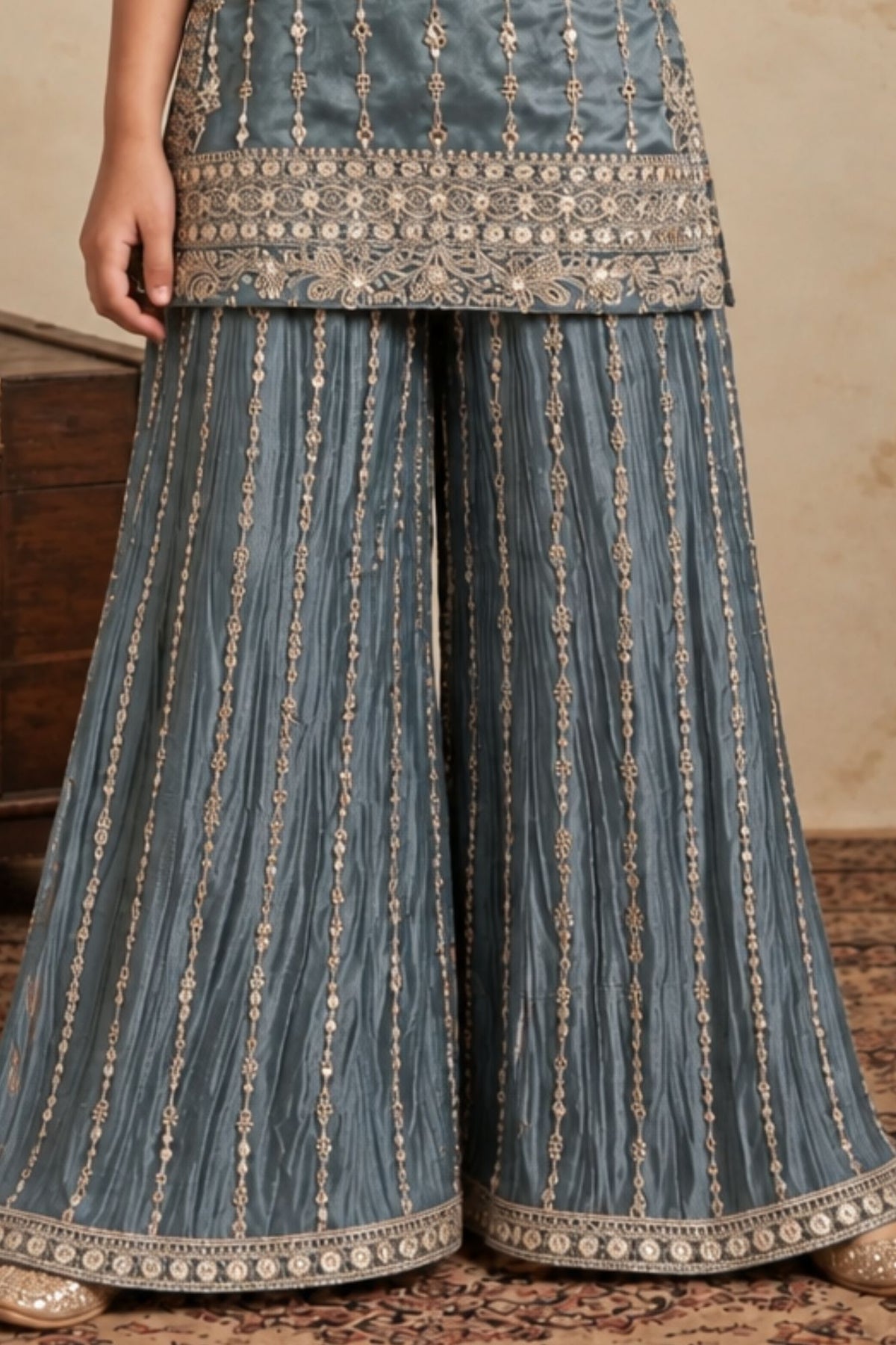 Blue Designer Embroidered Palazzo Set For Girls