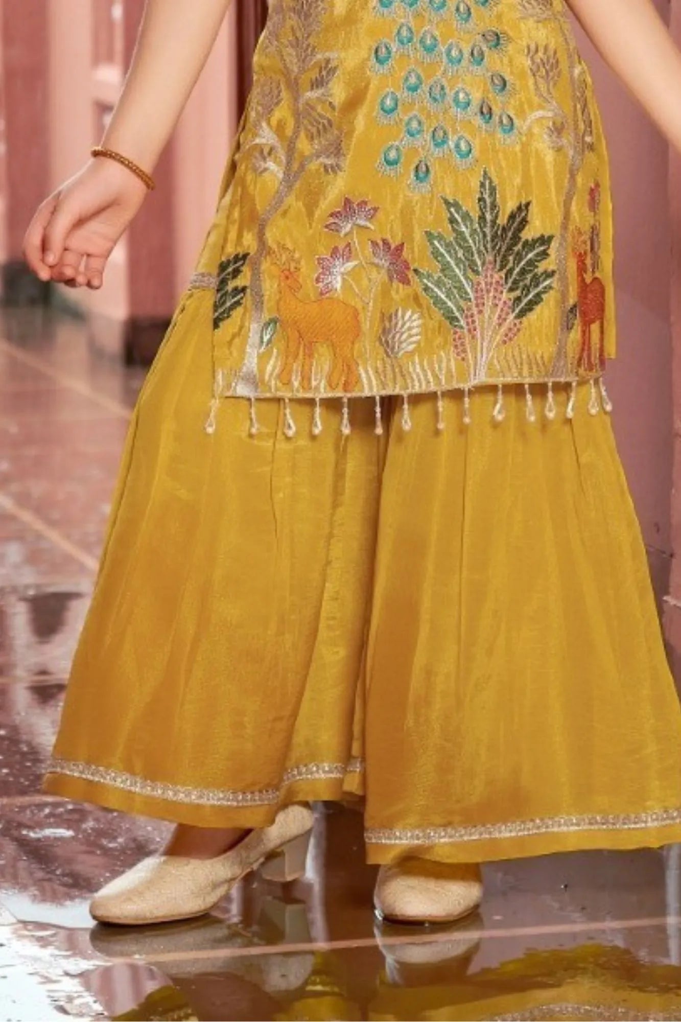 Royal Peacock Mustard Embroidered Sharara Set For Girls