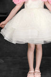 White and Pink Floral Ruffled And Sequins Worked Party Frock for Girls