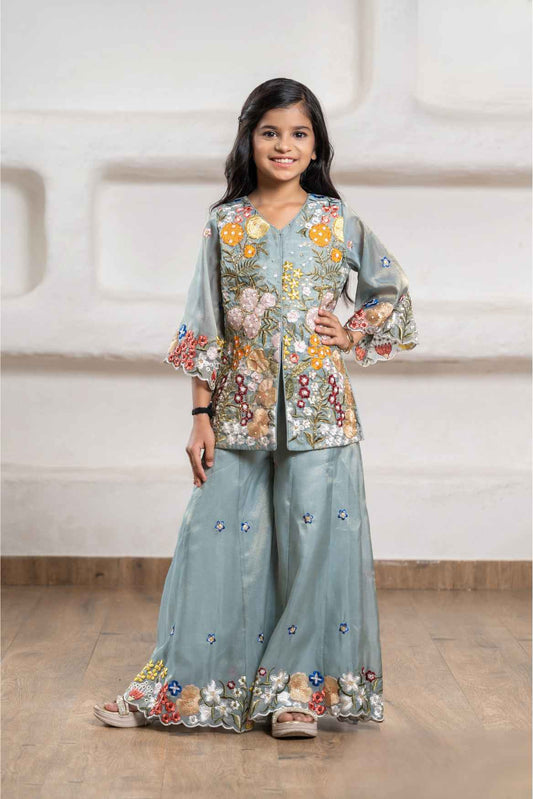 Elegant Blue Floral Embroidered Palazzo Set for Girls