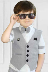 White Shirt With Grey Bow And Waist Coat Set For Boys