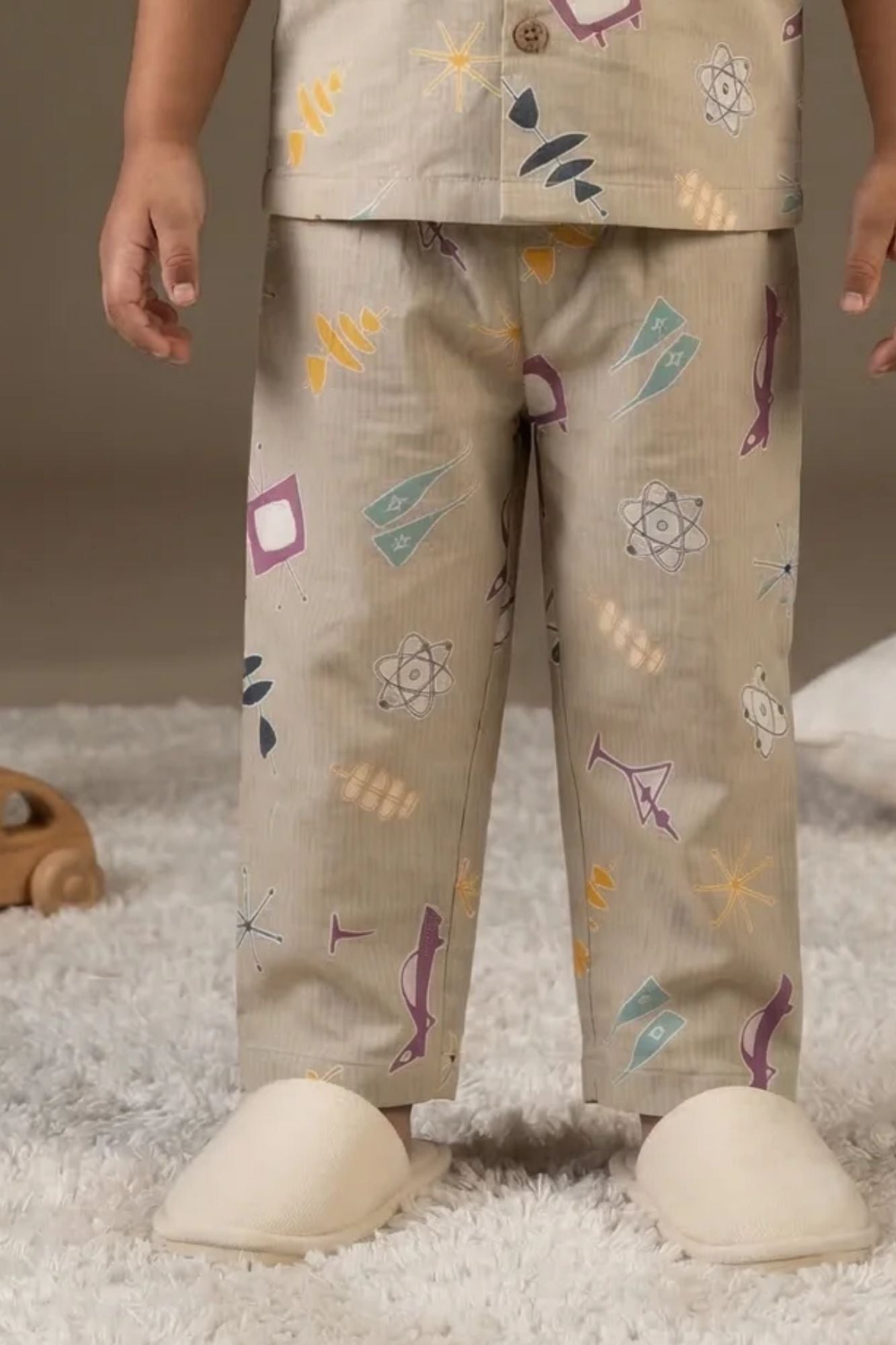 Beige Printed Night Suit Set For Boys