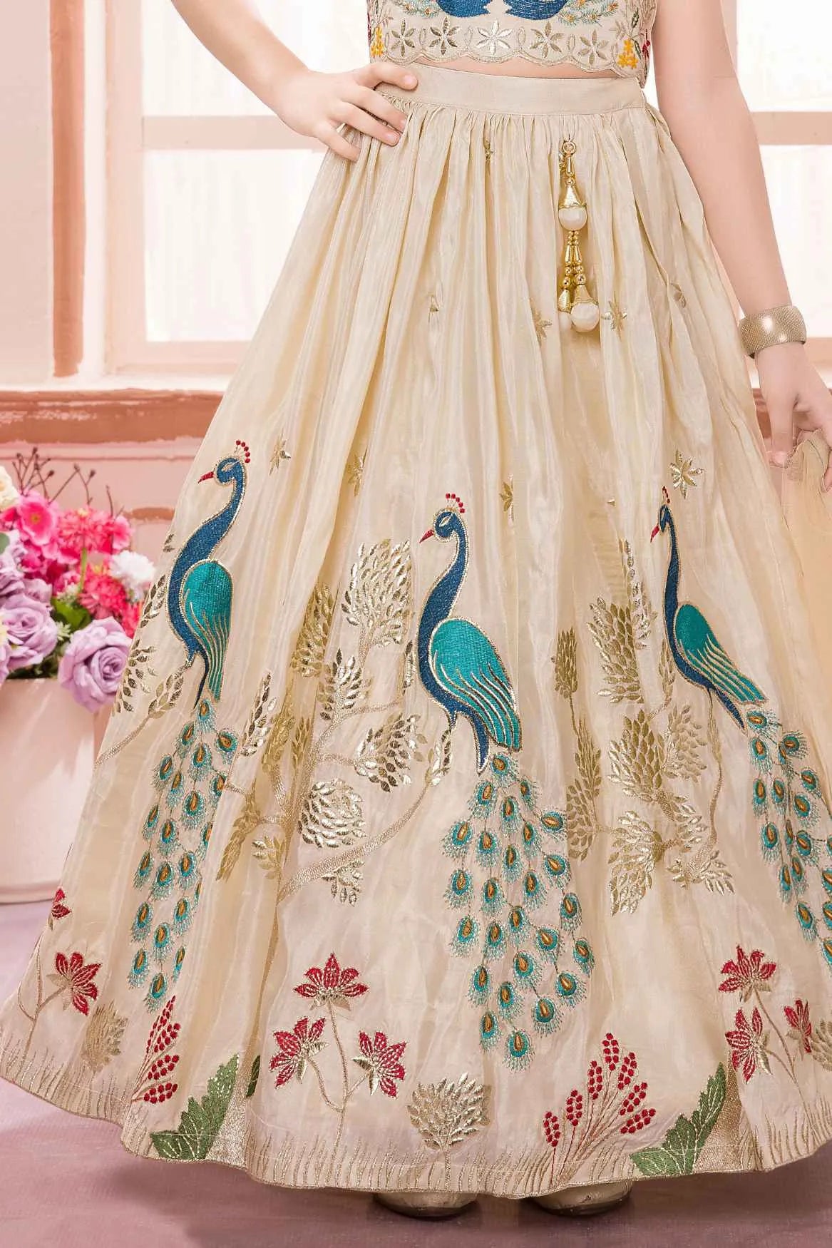 Cream Lehenga Choli Set With Peacock Embroidery And Dupatta For Girls 13-14Y (36) Cream Lehenga Choli Set With Peacock Embroidery And Dupatta For Girls 13-14Y (36)