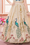 Cream Lehenga Choli Set With Peacock Embroidery And Dupatta For Girls