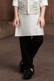White Kurta Set with Black Printed Jacket & Black Pajama For Boys