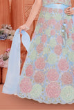 Sky Blue Floral Embroidered Lehenga Choli Set With Dupatta For Girls