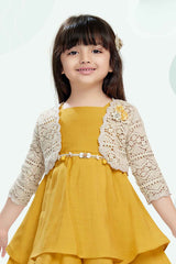 Mustard Casual Frock With Overcoat For Girls