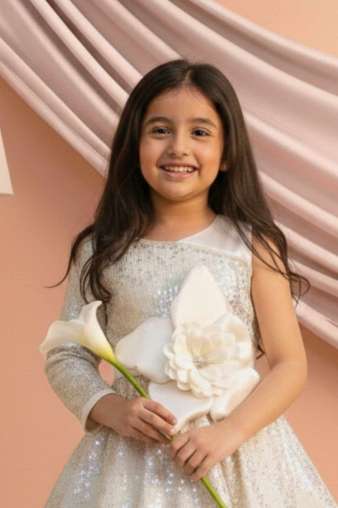 Cream One-Shoulder Sequin Party Frock with 3D Floral Waist Applique For Girls