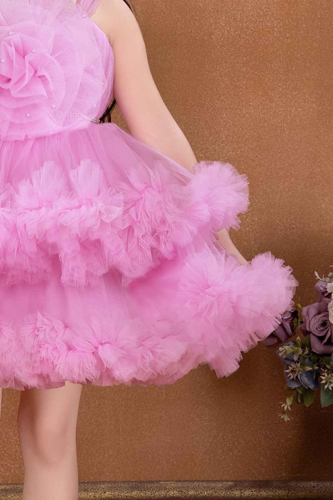 Lavender Sleeveless And Floral Embellished Frock For Girls