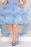 Blue Ruffle Party Gown With Sequin Bows And High-Low Hem For Girls