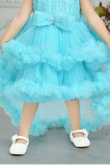 Blue Sequin Tailback Frock With Bow Embellished For Girls