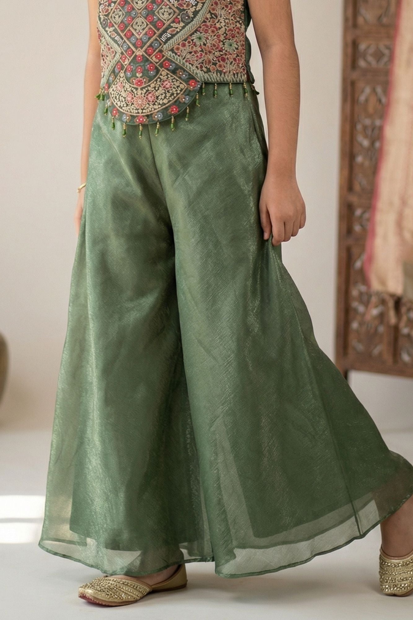 Olive Green Palazzo Set with Heavy Multicolor Embroidered Top For Girls