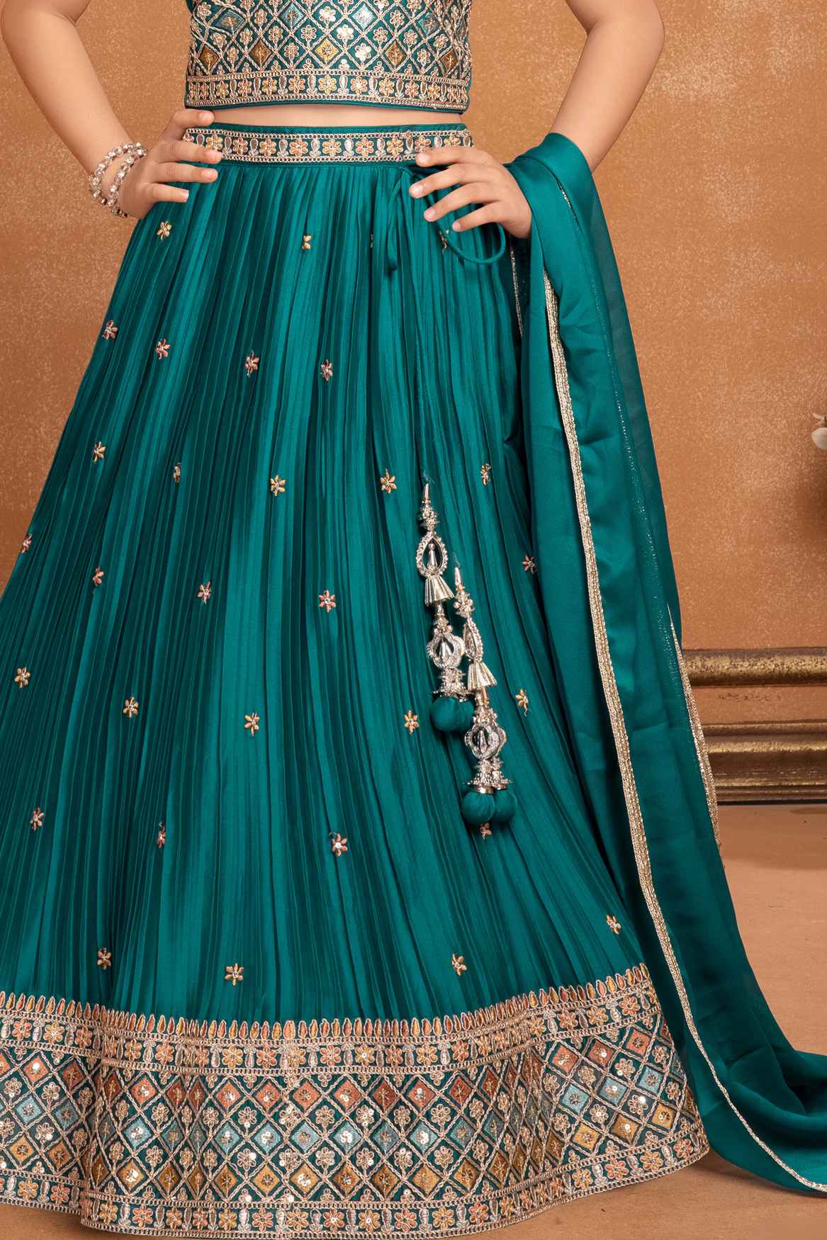 Teal Green Lehenga Choli With Sequin Work And Embroidered For Girls