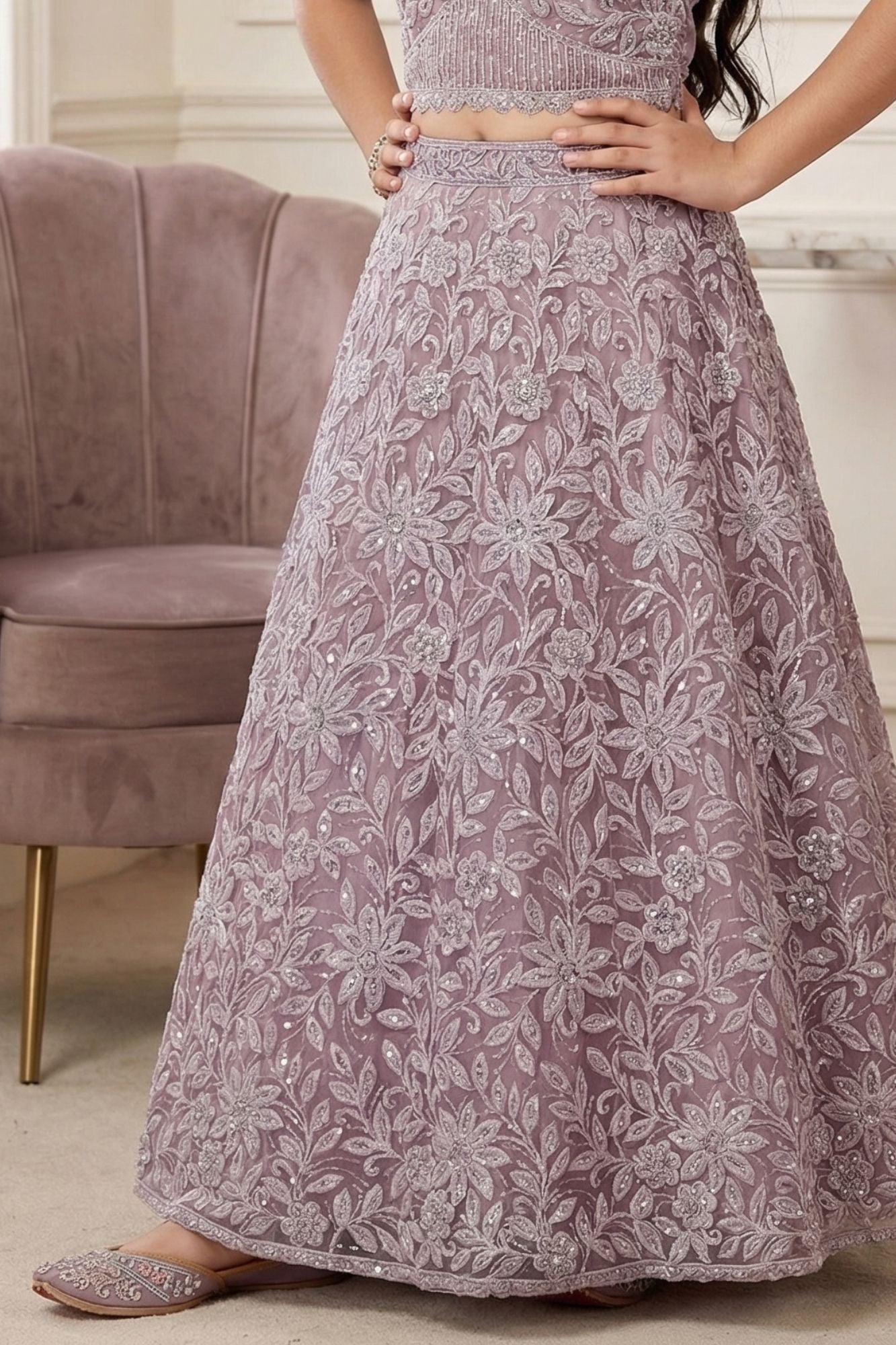 Onion Pink Embroidered Lehenga Choli with Sequin Work for Girls