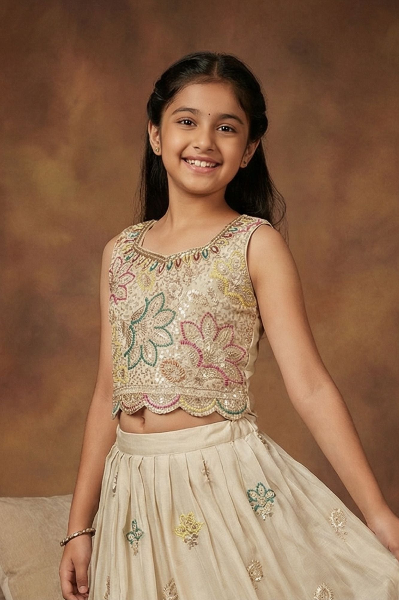 Elegant Ivory Multicolor Embroidered Lehenga Choli For Girls