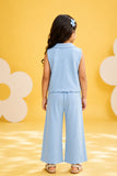 Girls Sky Blue Sleeveless Embroidered Co-Ord Set with Wide Leg Pants