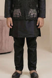 Royal Black Elephant Embroidered Jacket Kurta Set For Boys