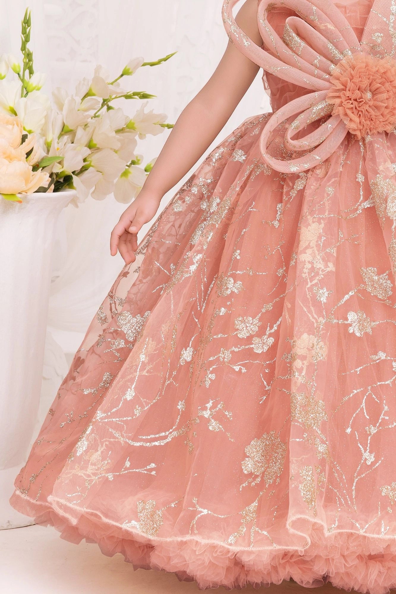 Peach Shimmer Party Gown with Oversized Bow & Floral Accent For Girls