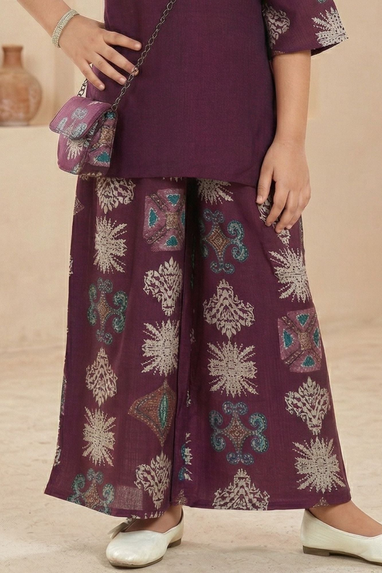 Wine Ethnic Printed Co-Ord Set For Girls