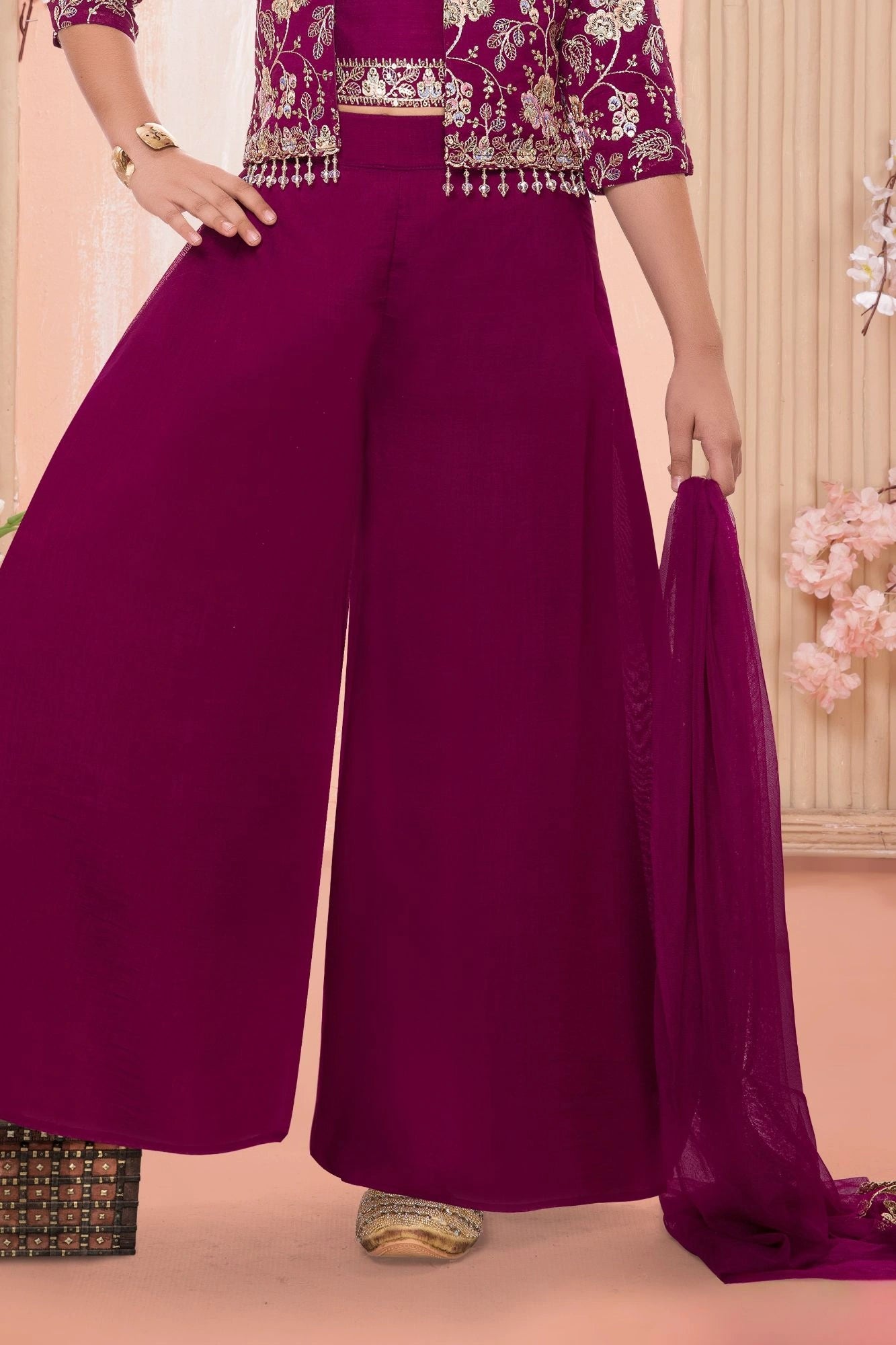 Wine Purple Palazzo Set with Embroidered Jacket For Girls