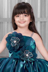 Blue Sleeveless And Floral Embellishment With Stone And Pearl Work Frock For Girls