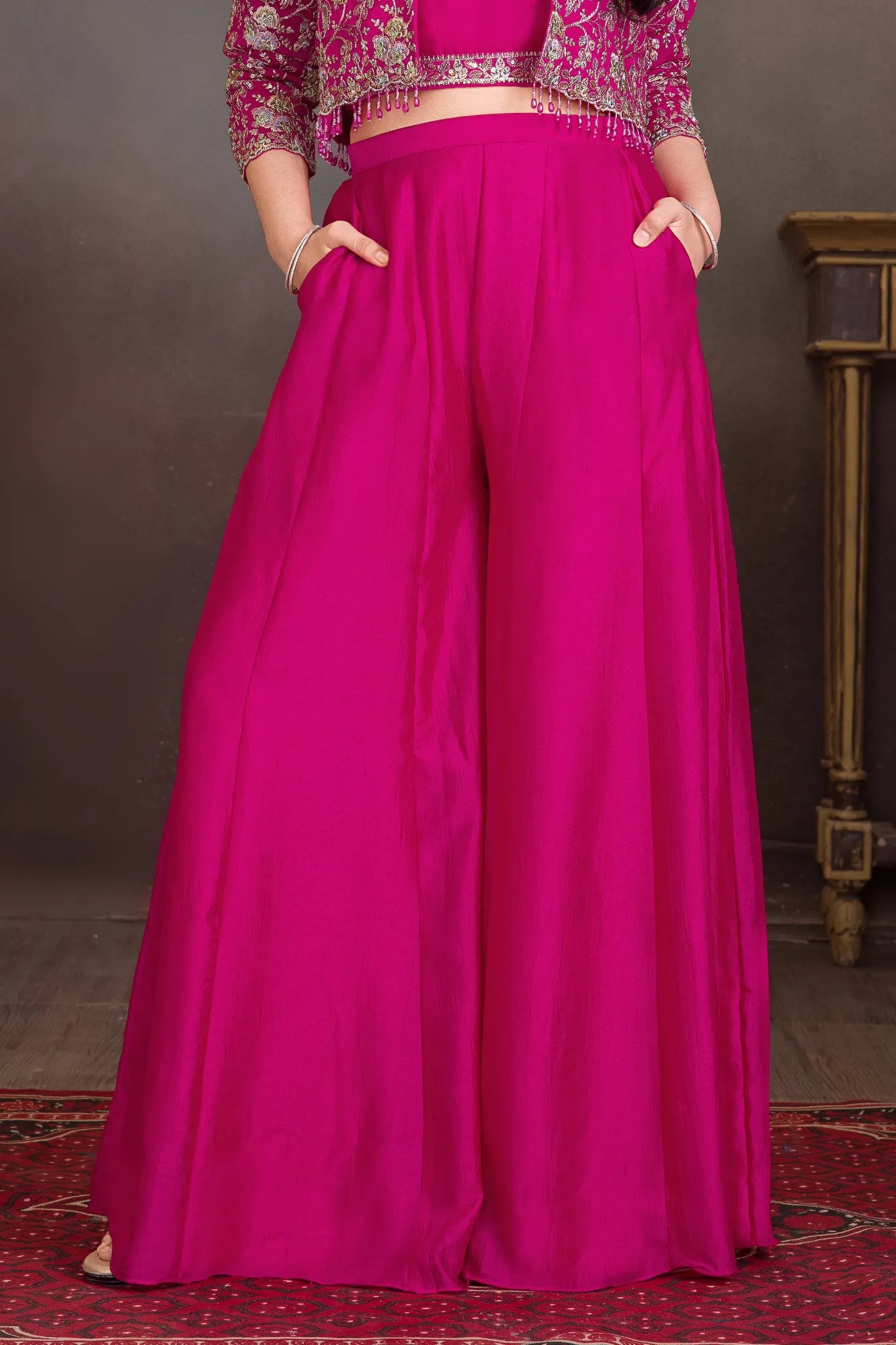 Rani Pink Embroidered Palazzo Set with Crop Top & Jacket For Girls