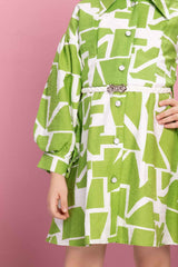 Green And Off White Abstract Printed Casual Dress For Girls